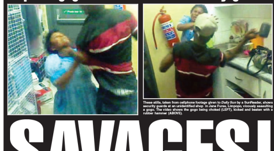 Gogo being beaten by Security guards for stealing