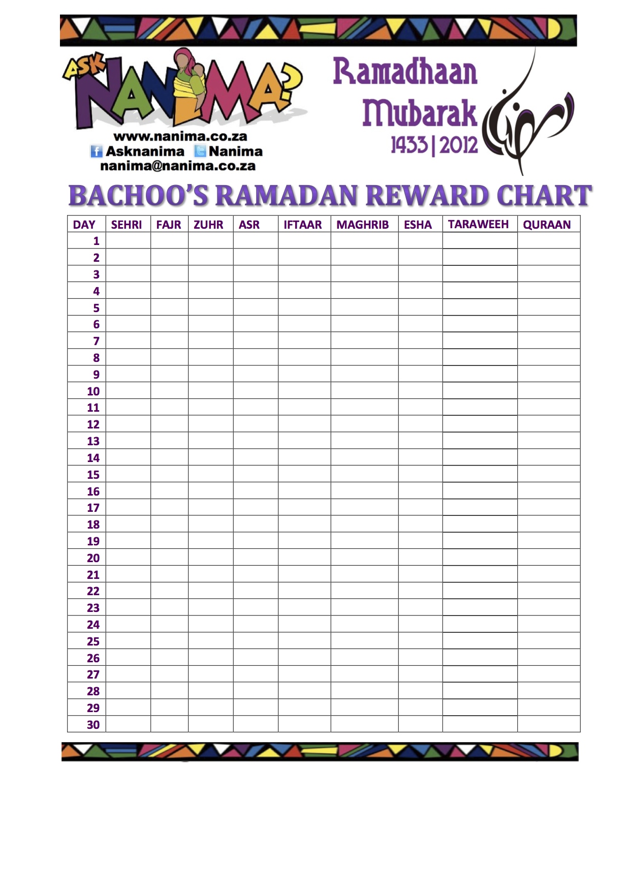 Bachoo’s Ramadan Reward Chart