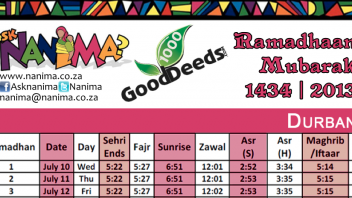 Durban Ramadan 1434 Timetable  2013